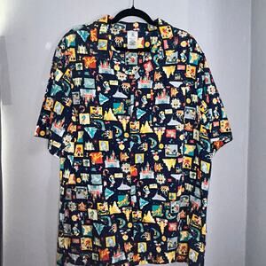 Disney Play in the Park print SS Button Up Collared Camp Shirt, Sz XL